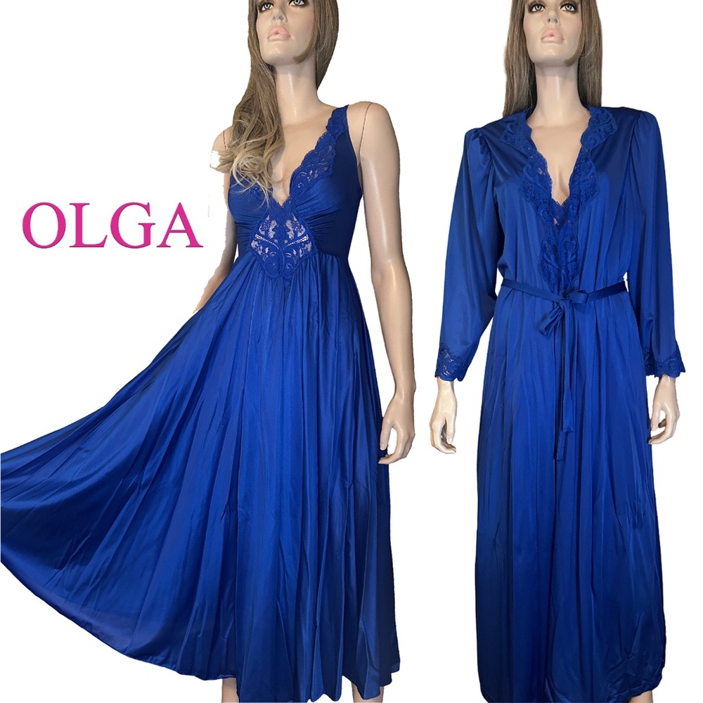Olga Cobalt Blue Lingerie Set Negligee Full Sweep Nightgown Robe Lace Vtg 80s